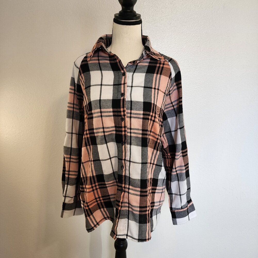 Shein Womans Pink & Black Plaid Button Down Long Sleeve Collared Shirt, Size L